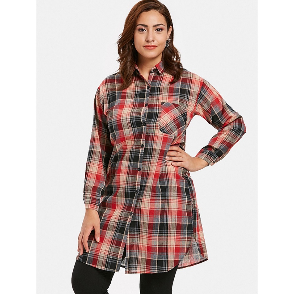 ♠ Red Plus Size Longline Red Plaid Shirt ♠ - Picture 2 of 8